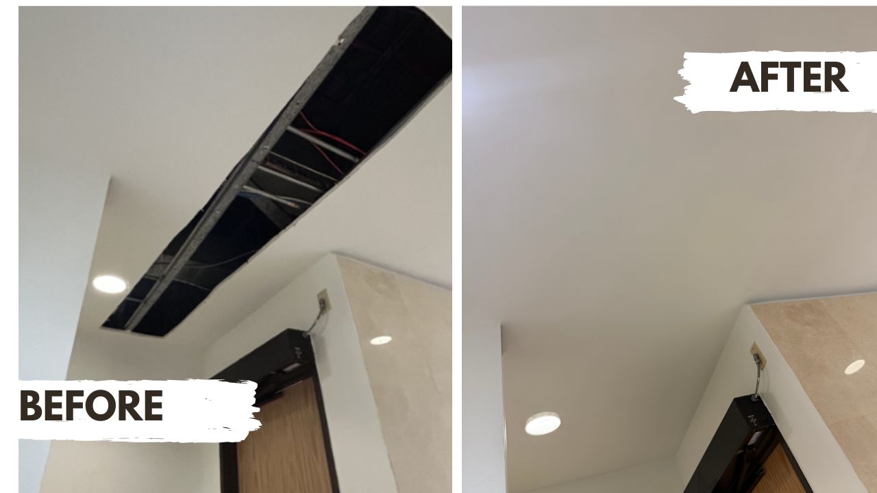 Projects Before and after repairing an open section of interior ceiling.