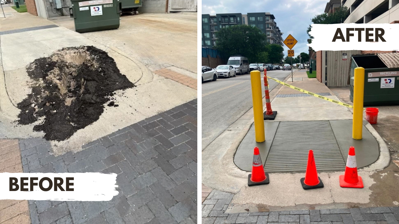 Projects Before and after concrete work at a sidewalk ramp beside a commercial property.