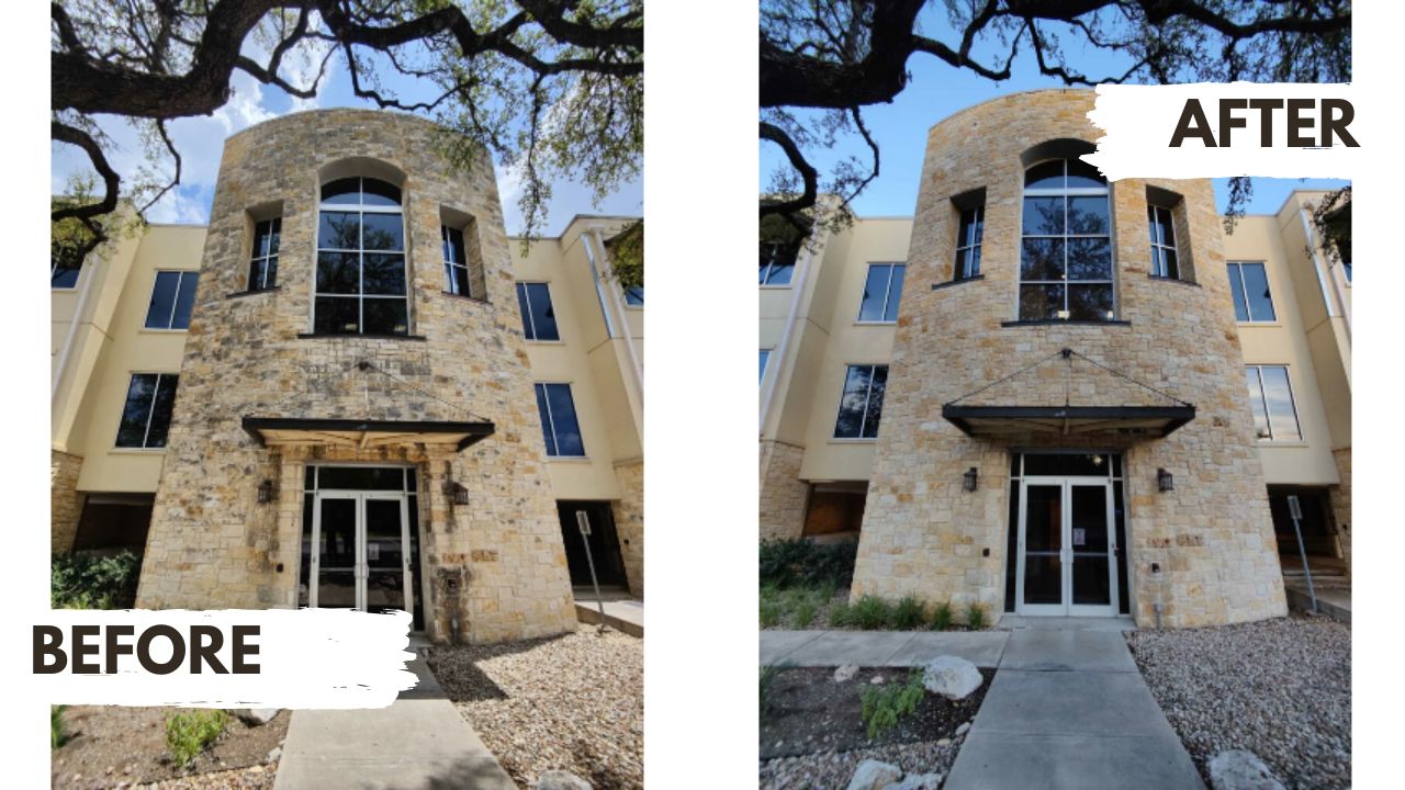 Projects Before and after cleaning a stone building entrance facade.