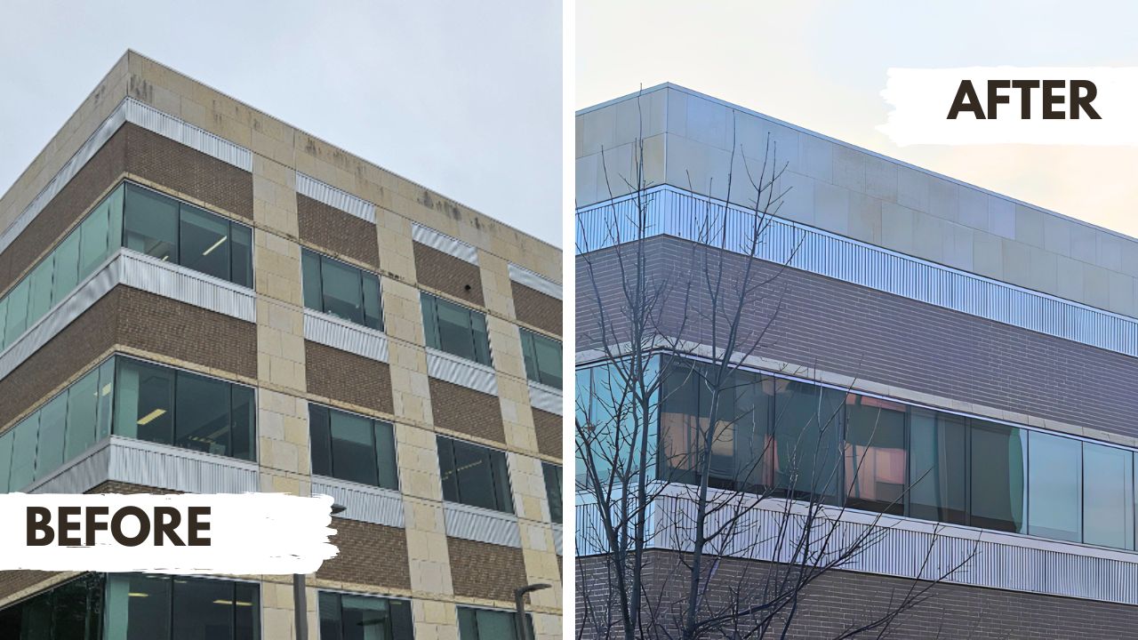 Projects Before and after removing dark staining from a commercial building exterior.