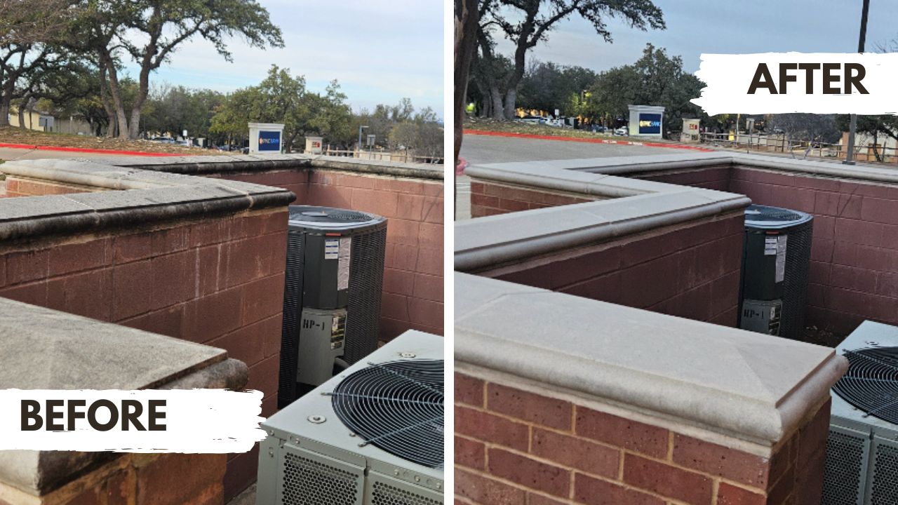 Projects Before and after cleaning masonry walls and concrete caps around equipment.