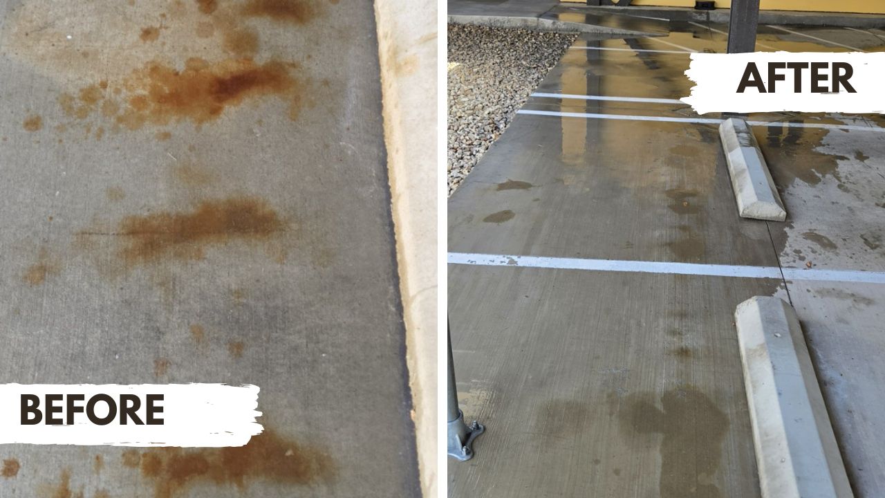 Projects Before and after removing rust stains from a concrete parking area.