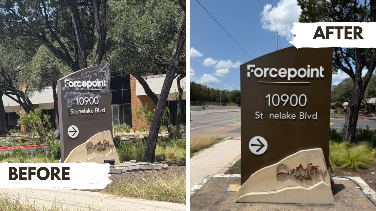 Projects Before and after removing graffiti from a property entrance sign.